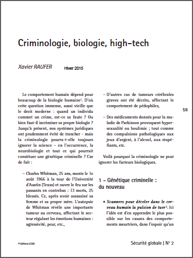 Criminologie, biologie, high-tech