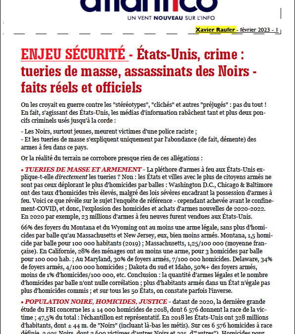 ENJEU SÉCURITÉ – États-Unis, crime : tueries de masse, assassinats des Noirs – faits réels et officiels