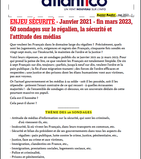 ENJEU SÉCURITÉ – Janvier 2021 – fin mars 2023, 50 sondages sur le régalien, la sécurité et l’attitude des médias