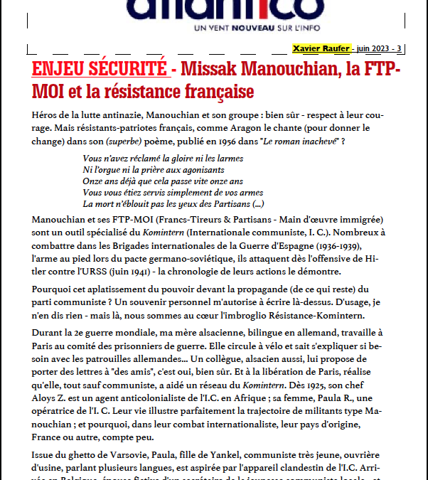 ENJEU SÉCURITÉ – Missak Manouchian, la FTPMOI et la résistance française
