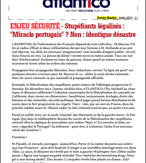 ENJEU SÉCURITÉ – Stupéfiants légalisés : « Miracle portugais » ? Non : identique désastre