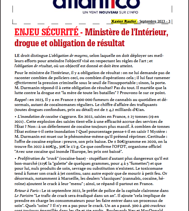 ENJEU SÉCURITÉ – Ministère de l’Intérieur, drogue et obligation de résultat