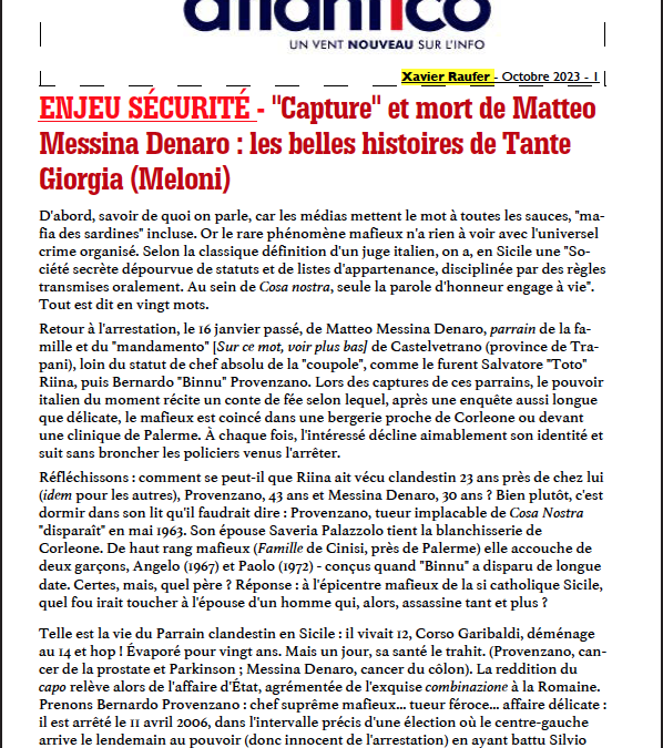 ENJEU SÉCURITÉ – « Capture » et mort de Matteo Messina Denaro : les belles histoires de Tante Giorgia (Meloni)