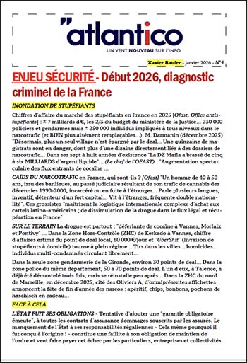 ENJEU SÉCURITÉ – Début 2026, diagnostic criminel de la France